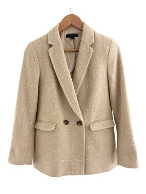 Ann Taylor Beige Creme Tweed Double-Breasted Petite Blazer Size 4P Jacket Pocket